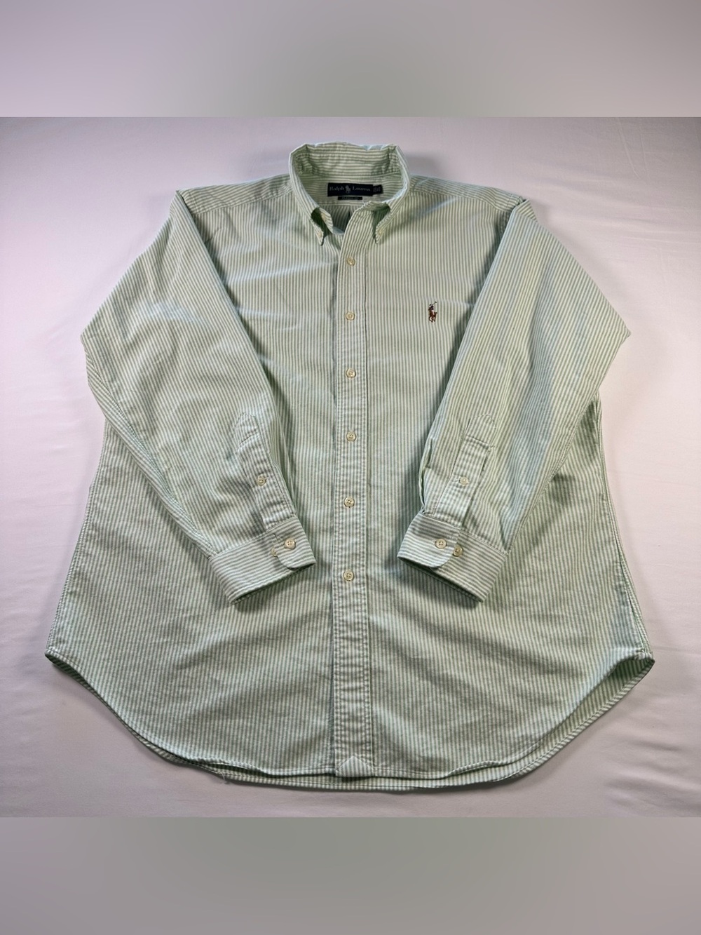 Ralph Lauren Oxford Shirt Mens L 16.5 32/33 Green White Stripe Classic Fit